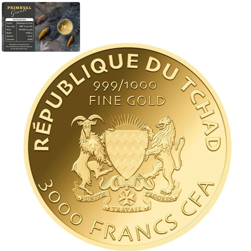 Tchad : pièce d'or Tyrannosaurus Rex 1/1000 oz Pièces de collection