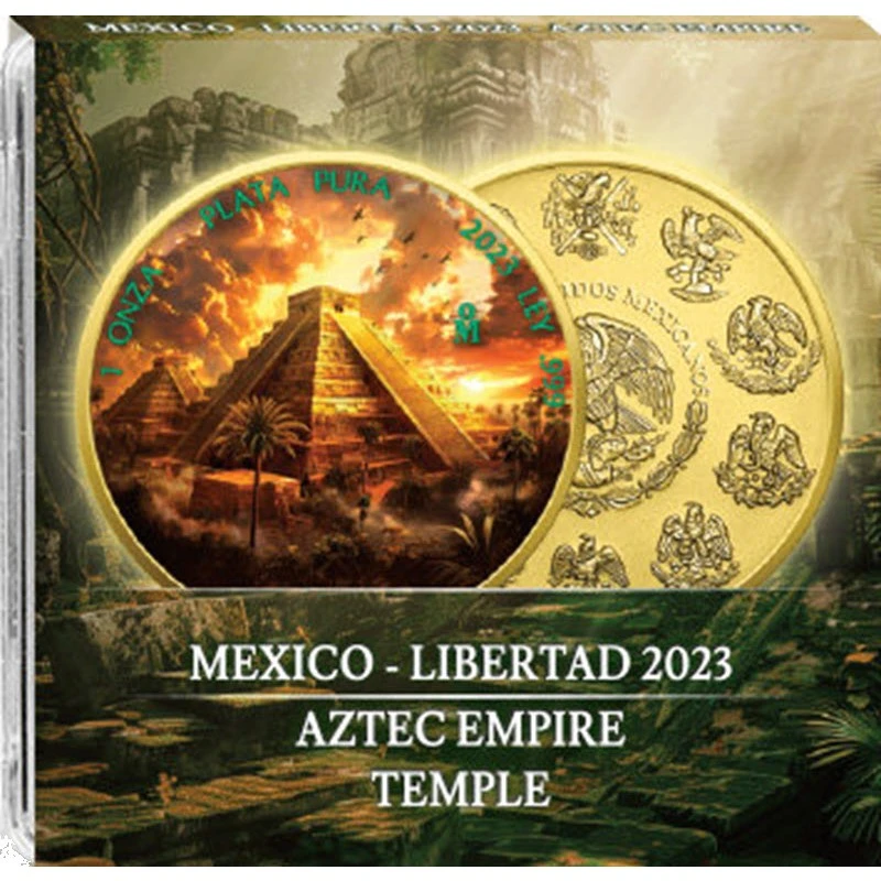 Mexique : pièce en argent Temple aztèque 2023 dorée colorée 1 once Pièces de collection