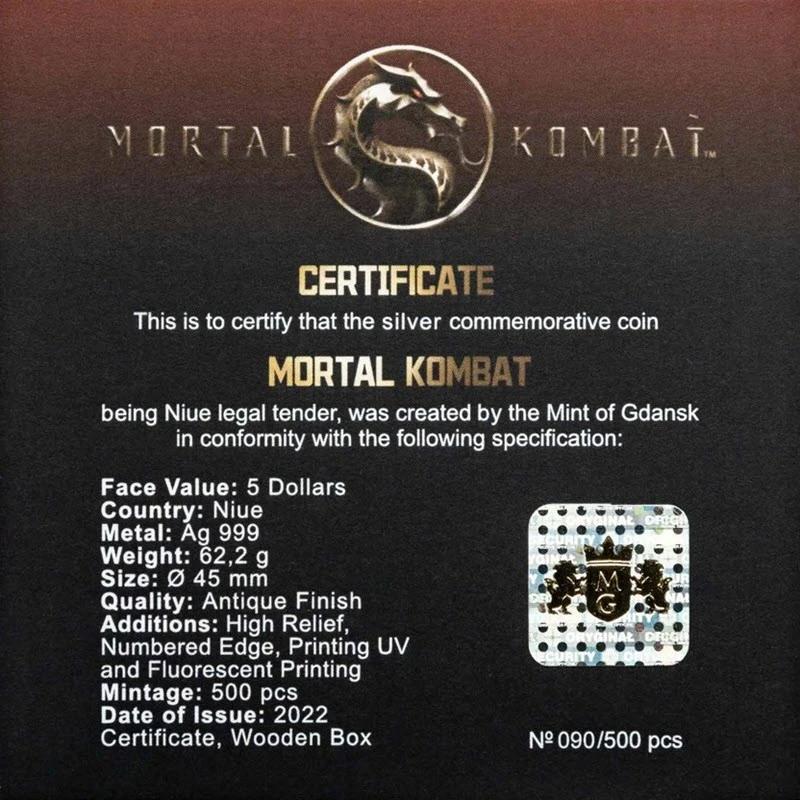 Niue : pièce en argent Mortal Kombat 2022 colorée 2 once Pièces de collection