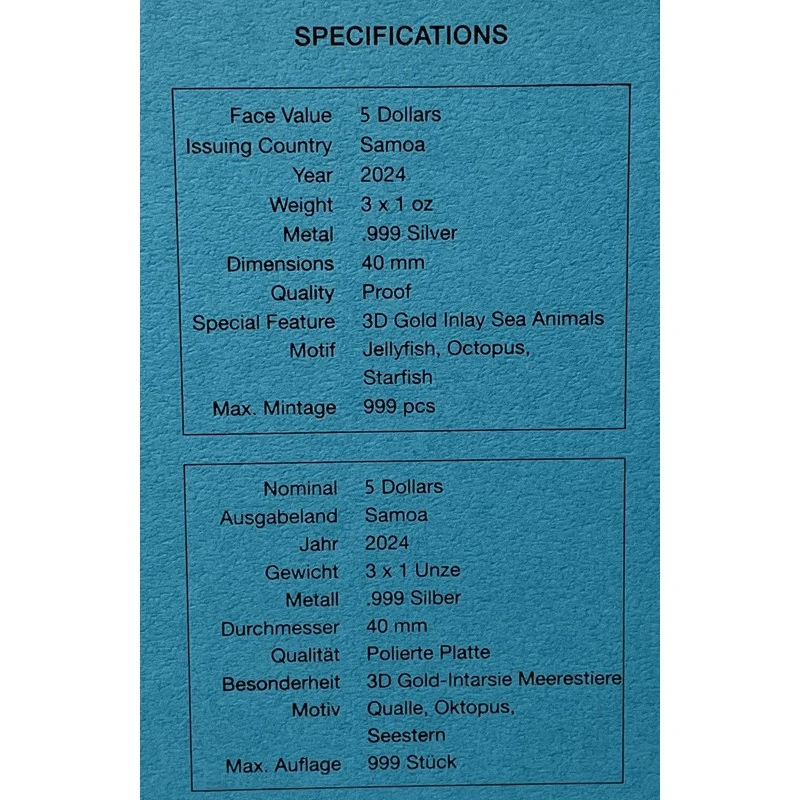 Samoa : pièces en argent Golden Sea Animals 2024 Belle Épreuve gilded set 3 Once Pièces de collection