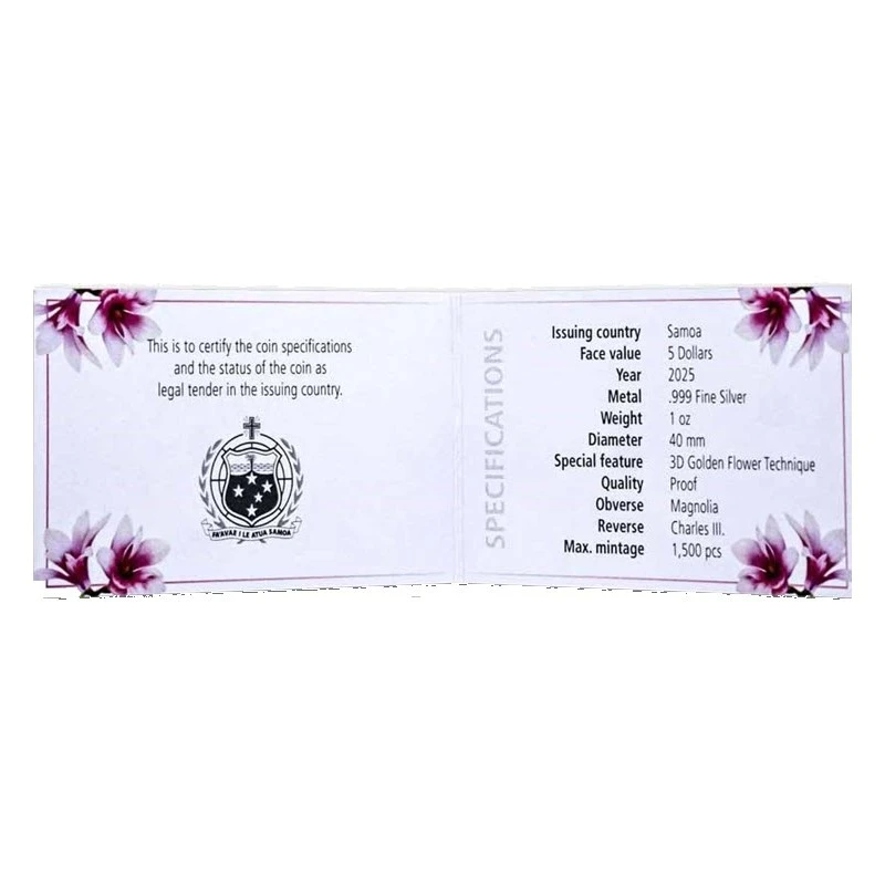 Samoa : pièce en argent Magnolia 2025 Belle Épreuve dorée 1 once Pièces de collection