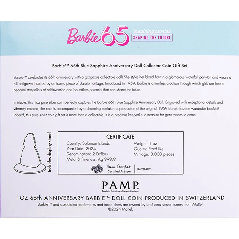 Pièces de monnaie en argent des Îles Salomon Saphir bleu Barbie 2024 colorées 1 once Pièces de collection