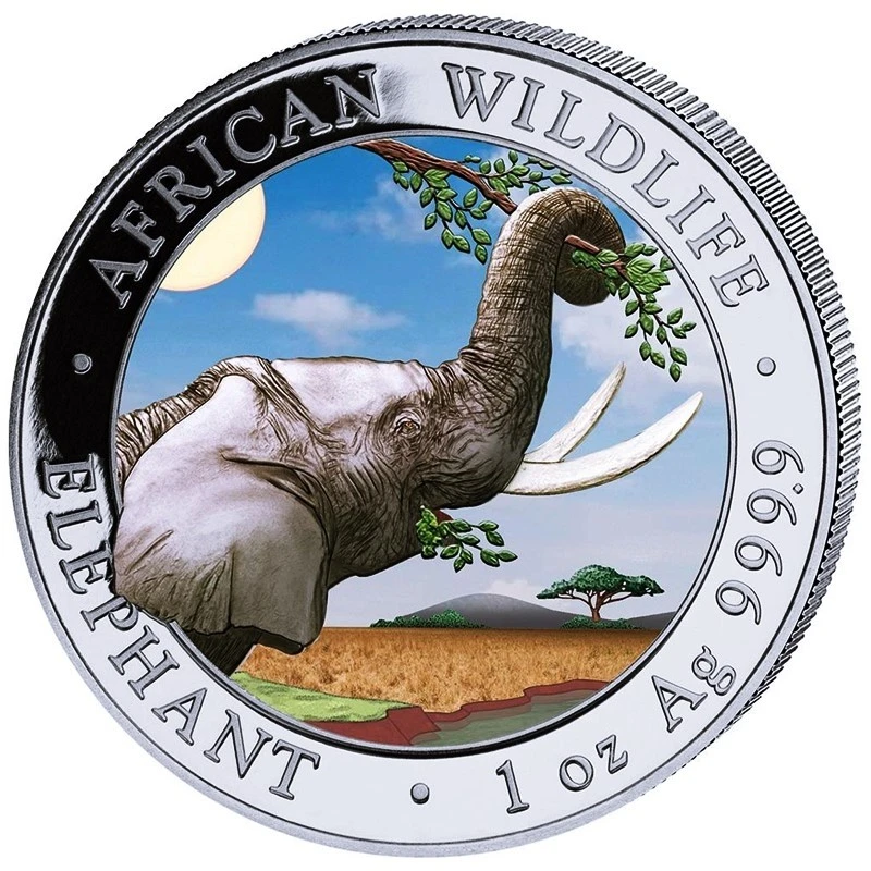 Somalie Pièce d'argent African Wildlife Elephant 2023 Colored Day Design 1 once Pièces de collection