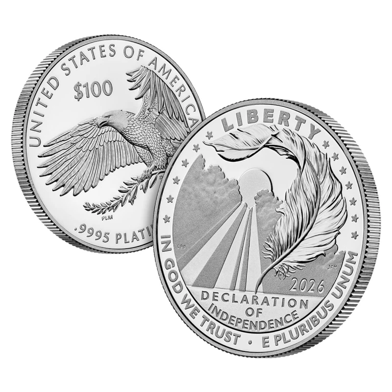 Pièce de monnaie en platine des États-Unis Déclaration d'indépendance 2026 Belle Épreuve 1 once Pièces d'investissement