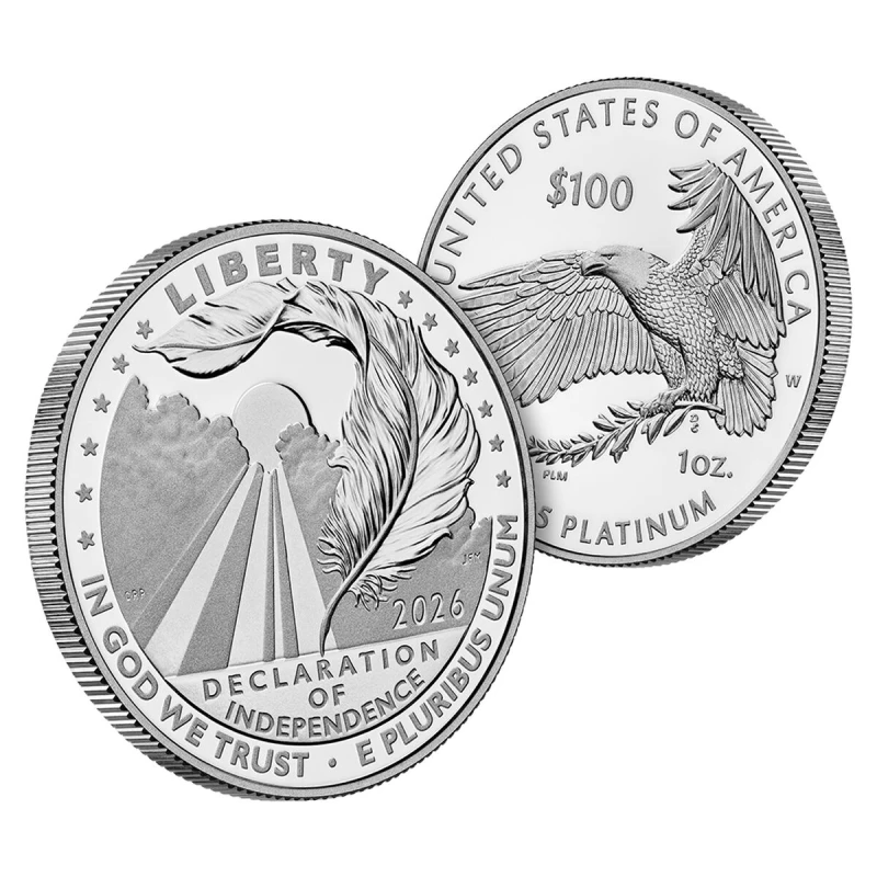 Pièce de monnaie en platine des États-Unis Déclaration d'indépendance 2026 Belle Épreuve 1 once Pièces d'investissement