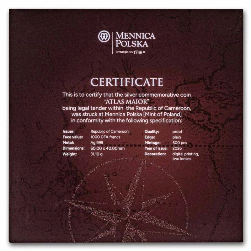 Cameroon Silver Coin Atlas Maior 2026 Proof 1 oz Collectible coins