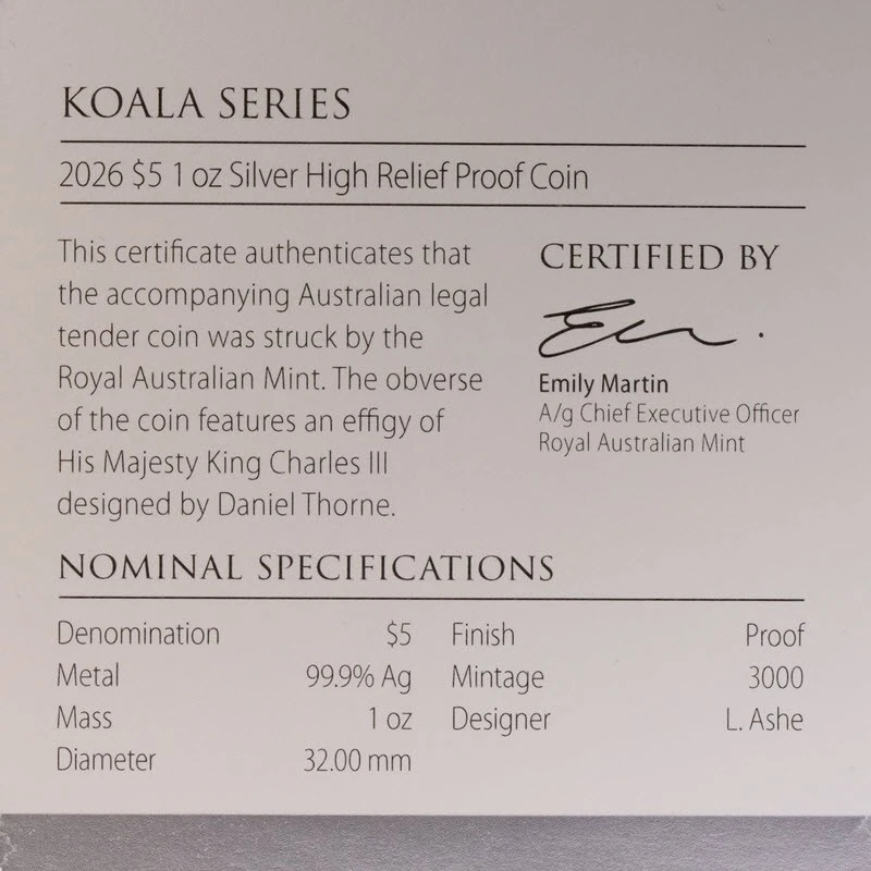 Australie Pièce d'argent Koala 2026 RAM Belle Épreuve 1 once Pièces de collection